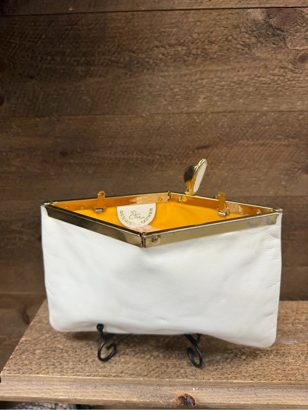 Vintage Etra White Leather Frame-Top Clutch with Kiss-lock and Chain Strap